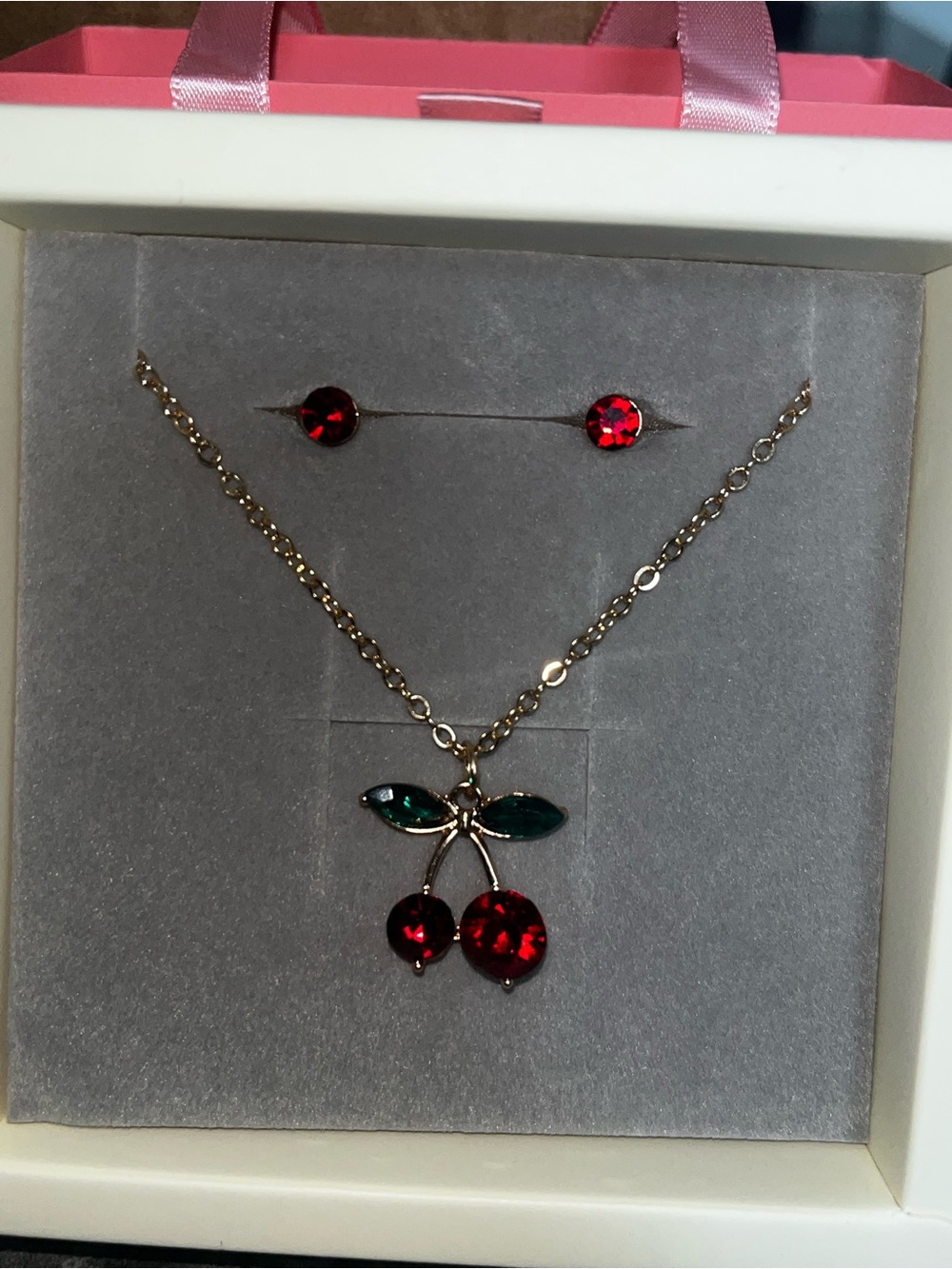Gold Cherry Pendant Necklace and Stud Earrings Set - Red & Green